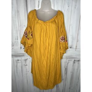 WOMEN FEATHERS BOHO GOLDEN YELLOW OFF SHOULDER FLORAL EMBROIDERED SWING DRESS 3X